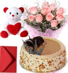 send 1Kg Butterscotch Cake Pink Roses Bouquet Teddy delivery